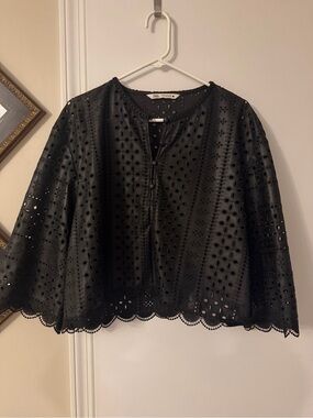 🪅Zara Open Work Eyelet Vegan Leather Cropped Top Scalloped Hem Black XXL 14/16